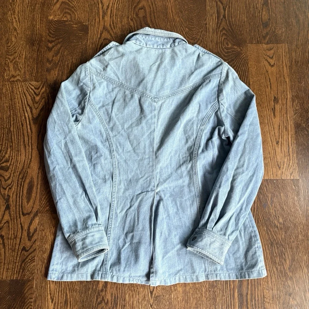 Vtg 70s Denim Safari Jacket Hong Kong Dagger Collar Epaulettes Workwear Coat 42